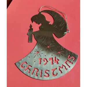 Vintage 1974 Christmas Angel Metal Ornament Silver Tone Cutout Starburst Retro